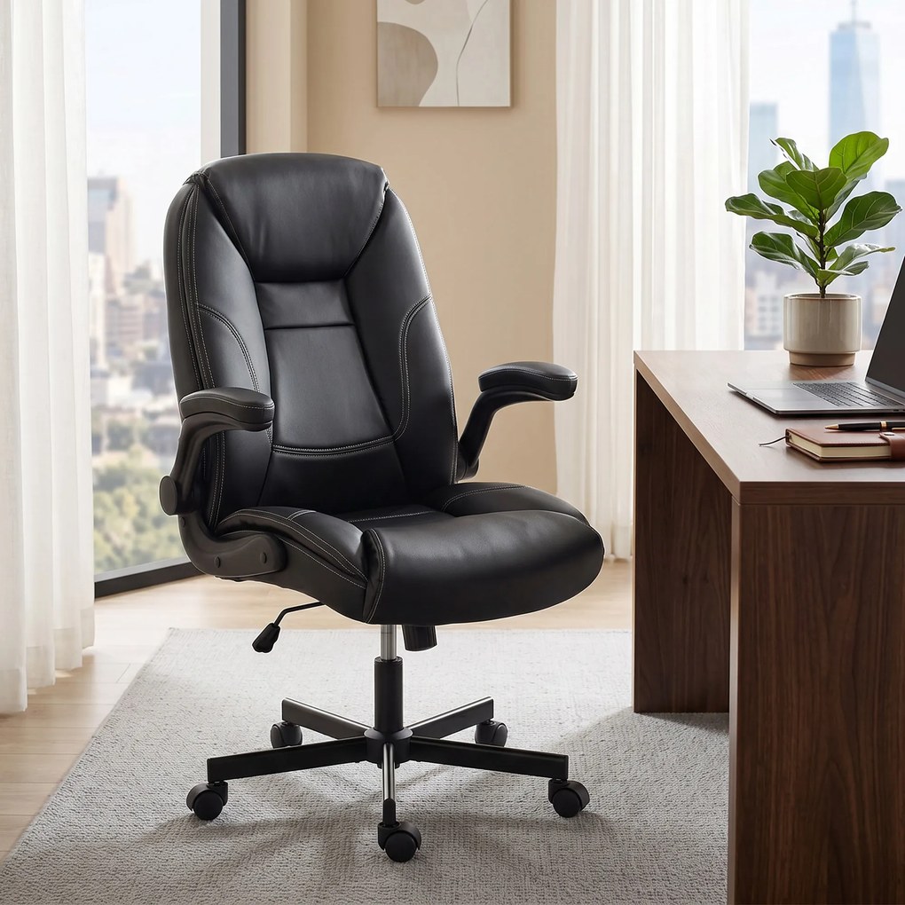 Cadeira de escritório ergonómica, com braços rebatíveis, altura ajustável, função de balanço, preta