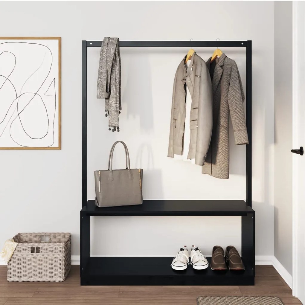 vidaXL Bengaleiro c/ sapateira 113x40x157,5 cm pinho maciço preto