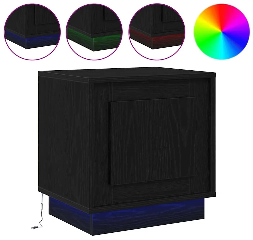 Criado-mudo com Luzes LED Carvalho Preto 44x34,5x45 cm