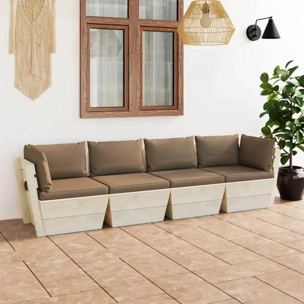 vidaXL Sofá paletes 4 lugares p/ jardim c/ almofadões madeira de abeto
