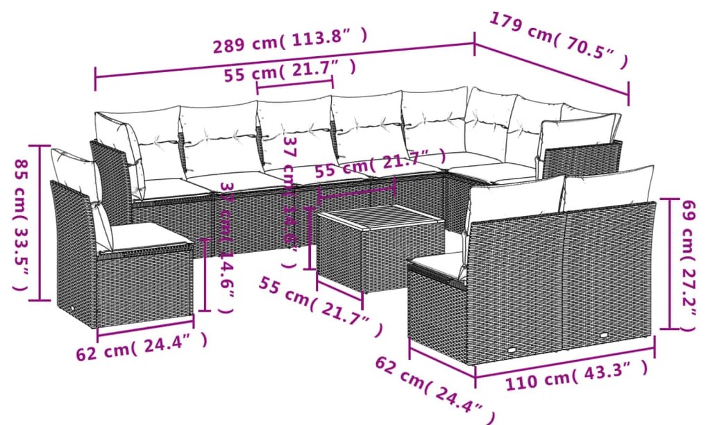 11 pcs conjunto sofás de jardim c/ almofadões vime PE cinzento