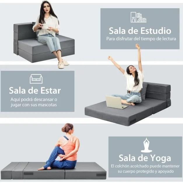 Sofá-cama de 3 seções com colchão dobrável de espuma de alta densidade com travesseiro capa lavável com fecho Cinzento Escuro