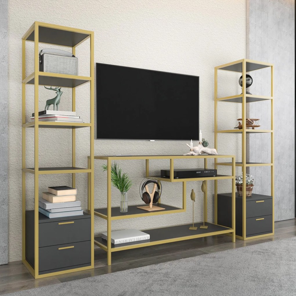 Unidade de TV Robbins – Dourado e Antracite – 198 cm x 39 cm x 160 cm