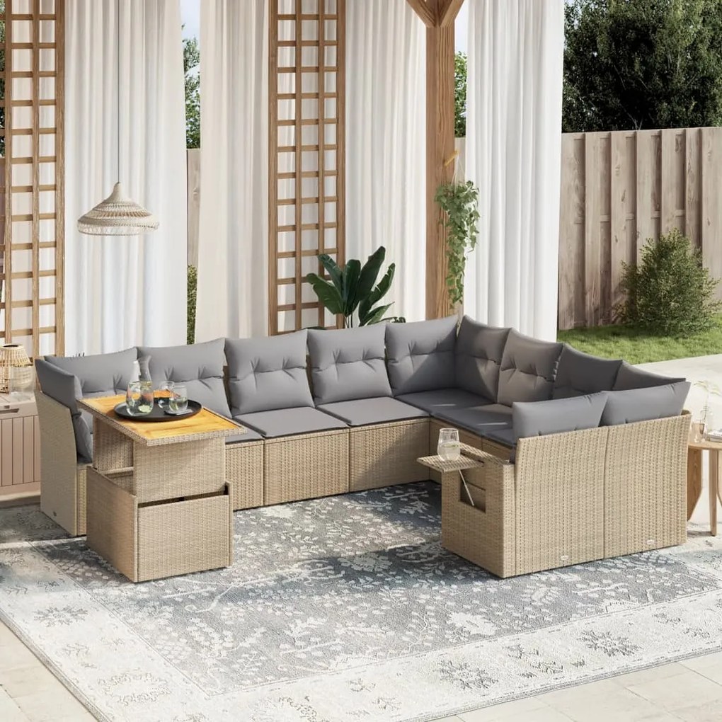 10 pcs conjunto de sofás p/ jardim com almofadões vime PE bege