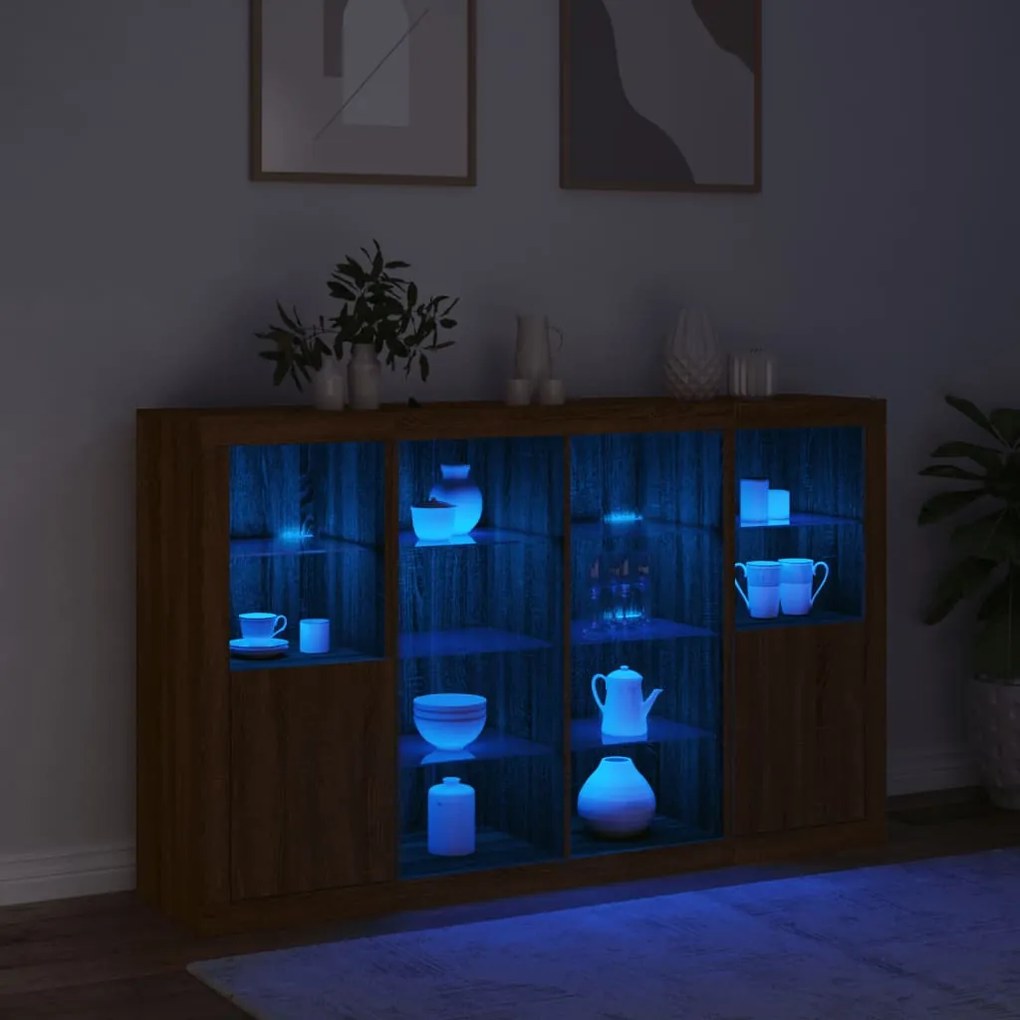 Aparadores c/ LEDs 3 pcs derivados de madeira carvalho castanho