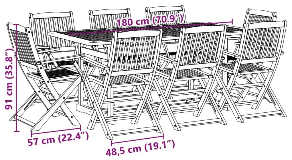 9 pcs conj. de jantar para jardim 180x90x75 cm acácia maciça