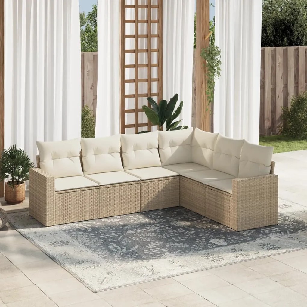 6 pcs conjunto de sofás p/ jardim com almofadões vime PE bege