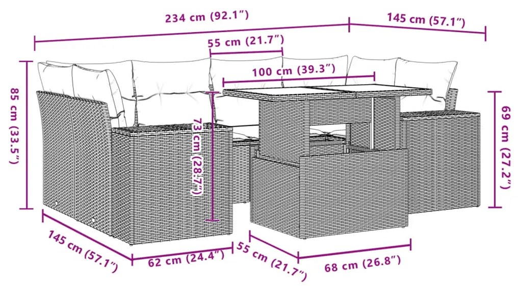 7 pcs conj. sofás jardim com almofadões vime PE cinzento-claro