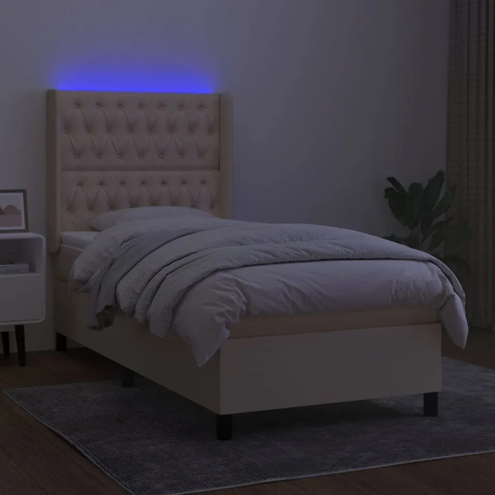 Cama box spring c/ colchão e LED 80x200 cm tecido cor creme