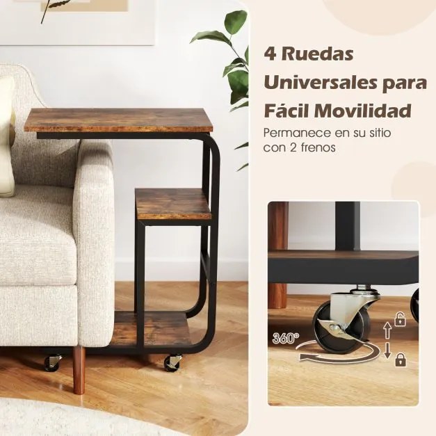 Mesa apoio em forma de C para sofá 53 x 30 x 70 cm com prateleiras abertas Mesa lateral industrial com rodas Castanho