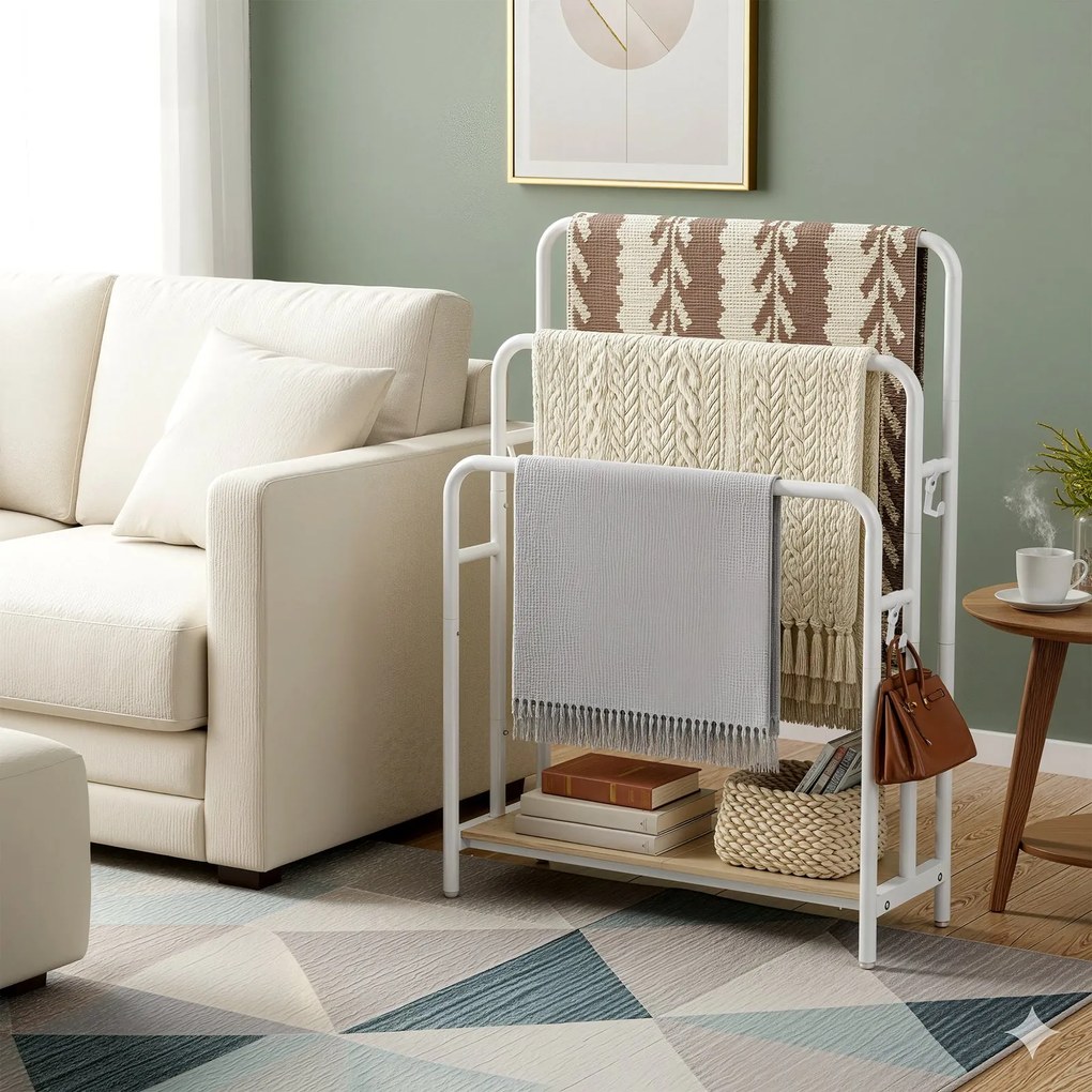 Toalheiro com 3 barras, suporte para toalhas com 2 ganchos 70 x 30 x 101 cm branco-bege