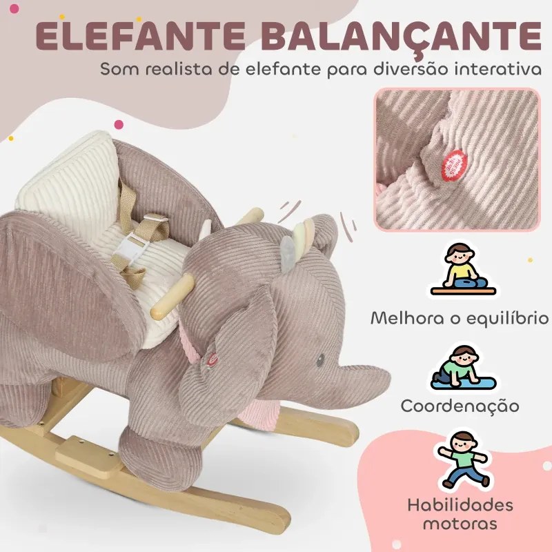 Cavalo Baloiço para Bebés com Som de Elefante e Cinto de Segurança de 3 Pontos Base em Madeira de Álamo 65x35x50 cm Castanho