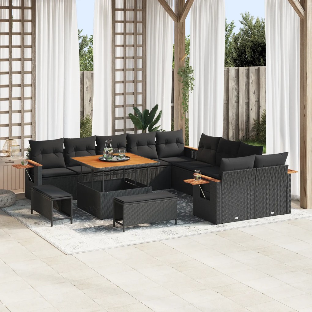 Conjunto de Sofá de Jardim vidaXL de 13 Peças com Almofadas Preto Rattan Acácia