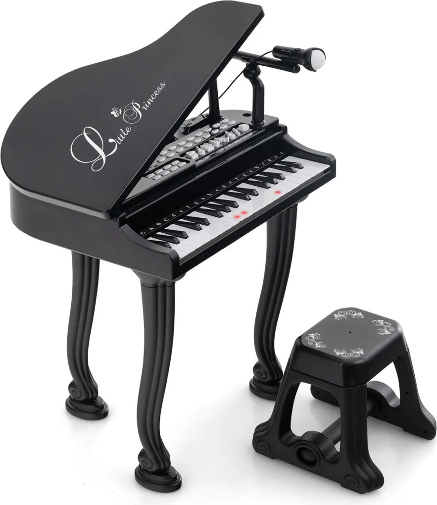 Teclado de piano para crianças com 37 teclas e banco multifuncional portátil com microfone LED e modo de ensino Preto