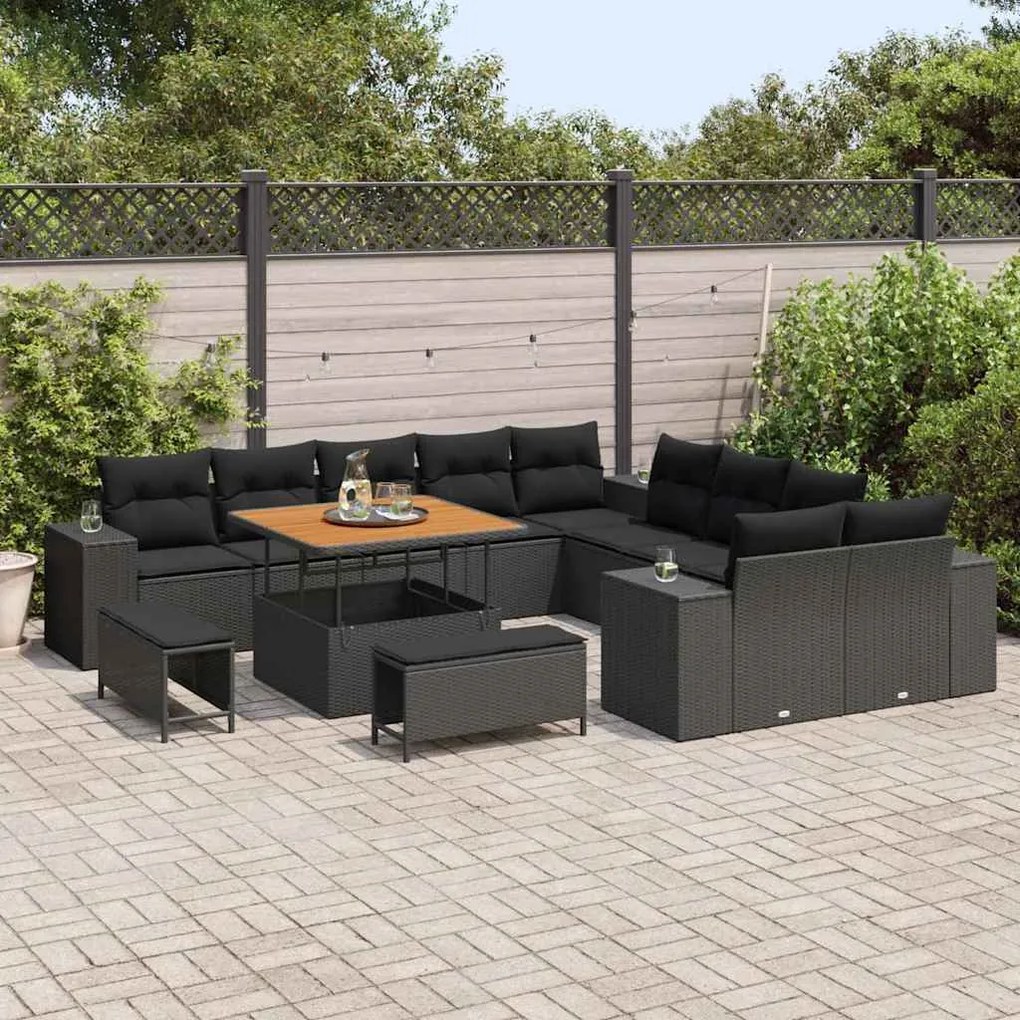 Conjunto de Sofá de Jardim vidaXL com Almofadas Preto Vime PE Acácia
