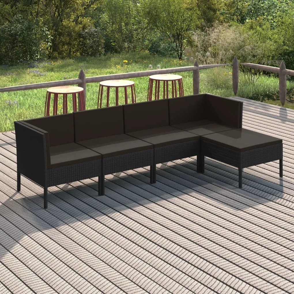 vidaXL 5 pcs conjunto lounge de jardim c/ almofadões vime PE preto