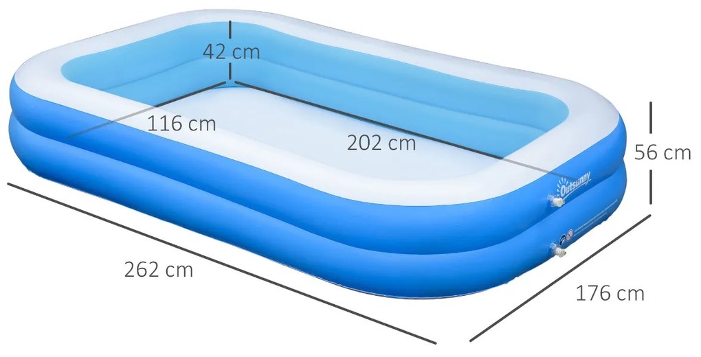 Piscina Inflável Retangular 1300 Litros 262x176x56cm para 1-2 Pessoas Piscina Insuflável para Adultos e Crianças para Jardim Pátio Exterior Azul