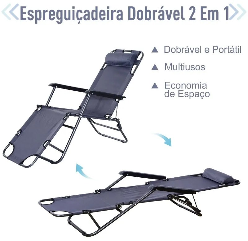 Espreguiçadeira Dobrável com Encosto - Cinzento - Design Ergonômico