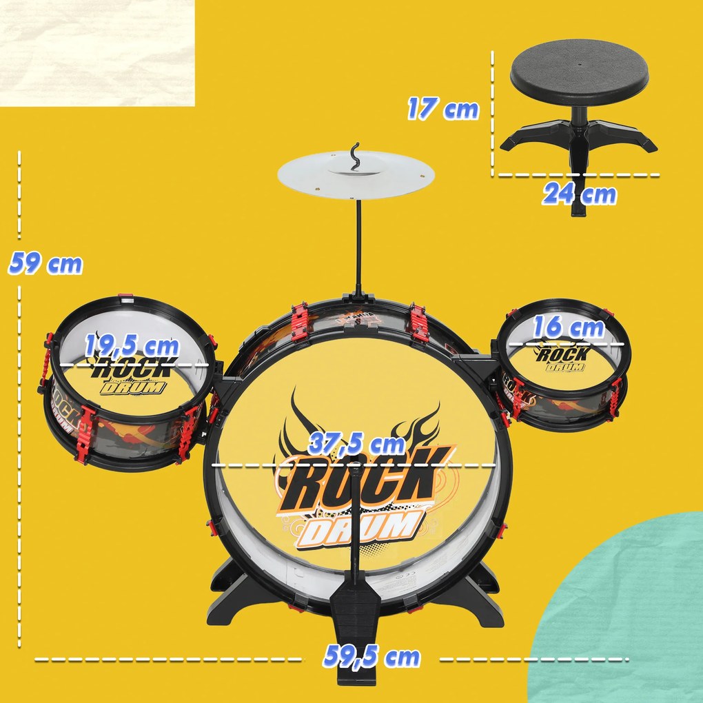Bateria para Crianças com Banco Tambores, Bumbo Prato e Baquetas para Iniciantes 59,5x31,5x59 cm Preto