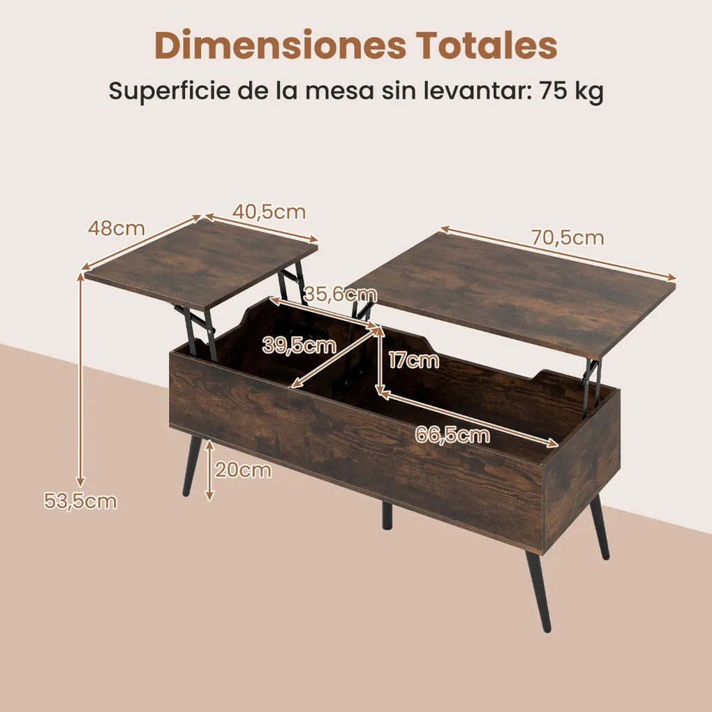 Mesa de centro moderna elevável com 2 compartimentos de armazenamento ocultos 111 x 48 x 40-53,5 cm Castanha