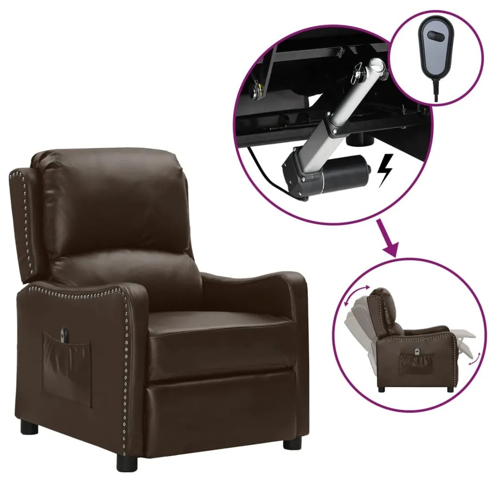 vidaXL Poltrona reclin. elétrica couro artificial brilhante castanho