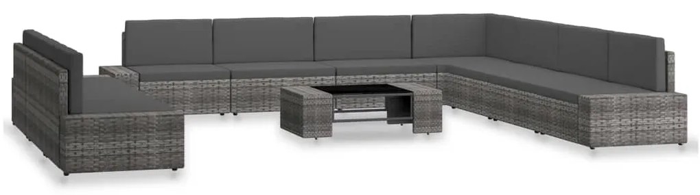 10 pcs conjunto lounge de jardim vime PE cinzento