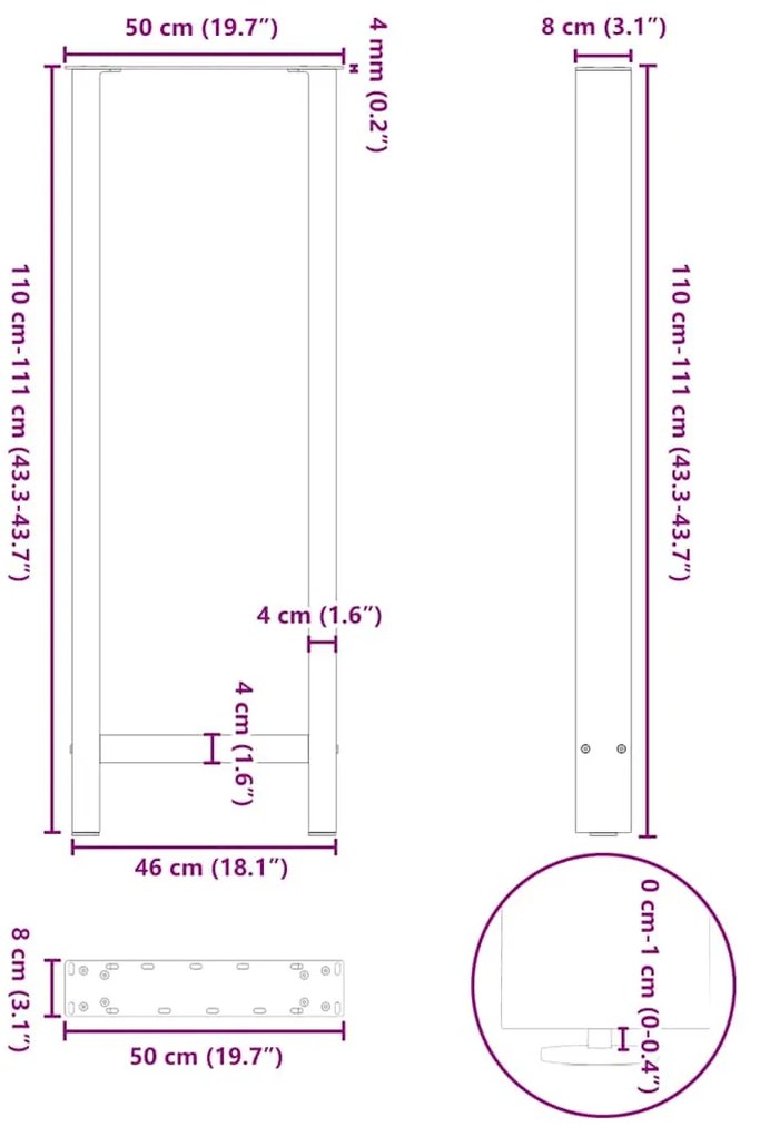 Pés de mesa de bar em aço natural, 2 peças, 50x (110-111) cm, aço