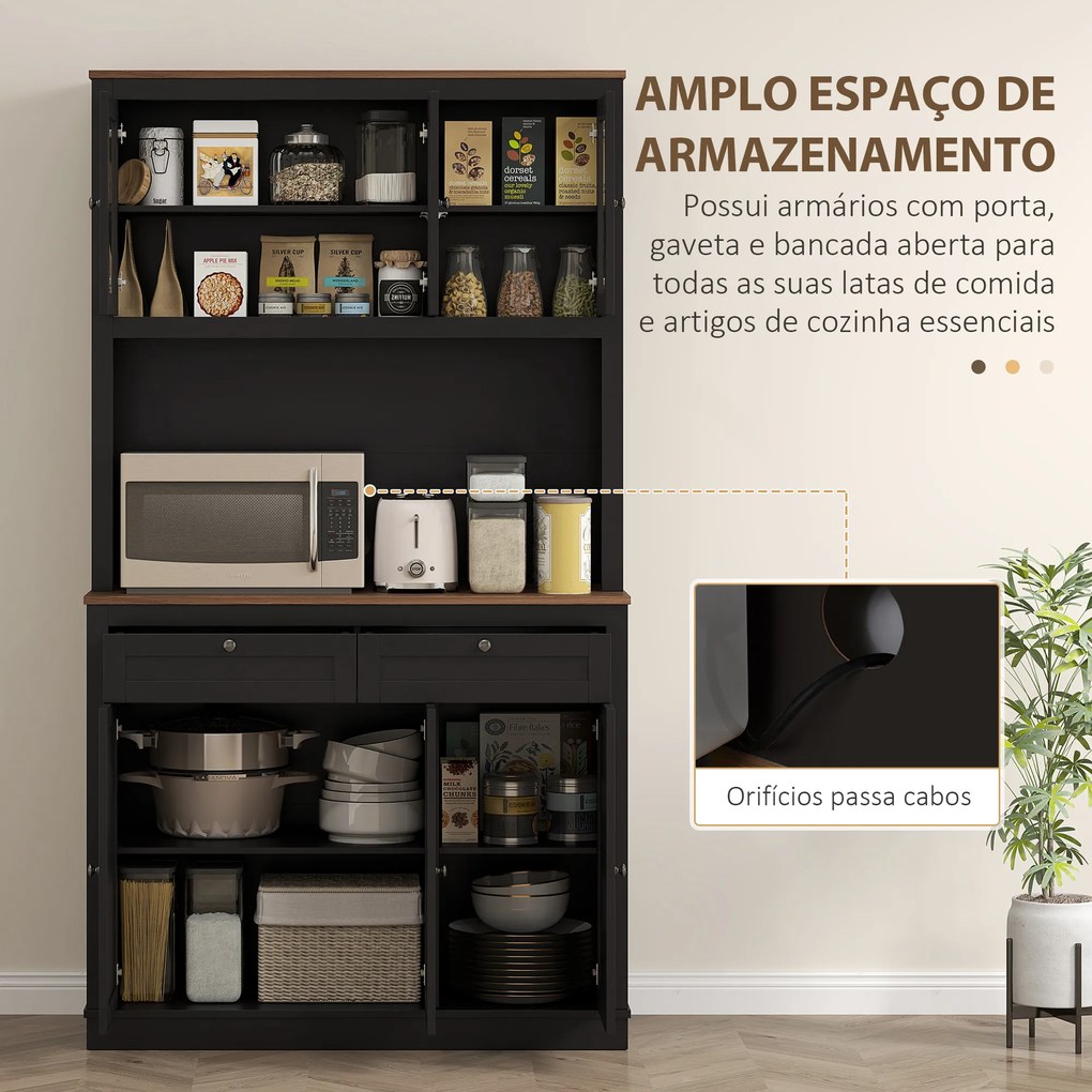 Armário de Cozinha com 3 Portas de Vidro Compartimento Aberto 2 Gavetas e Prateleiras Ajustáveis 100x40x180 cm Preto