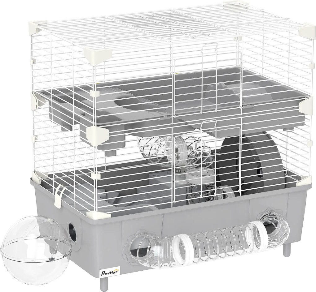 PawHut Gaiola para hamster  de 2 níveis com roda de corrida banho de areia para hamster anão 44,5 x 28 x 44 cm cinza | Aosom Portugal