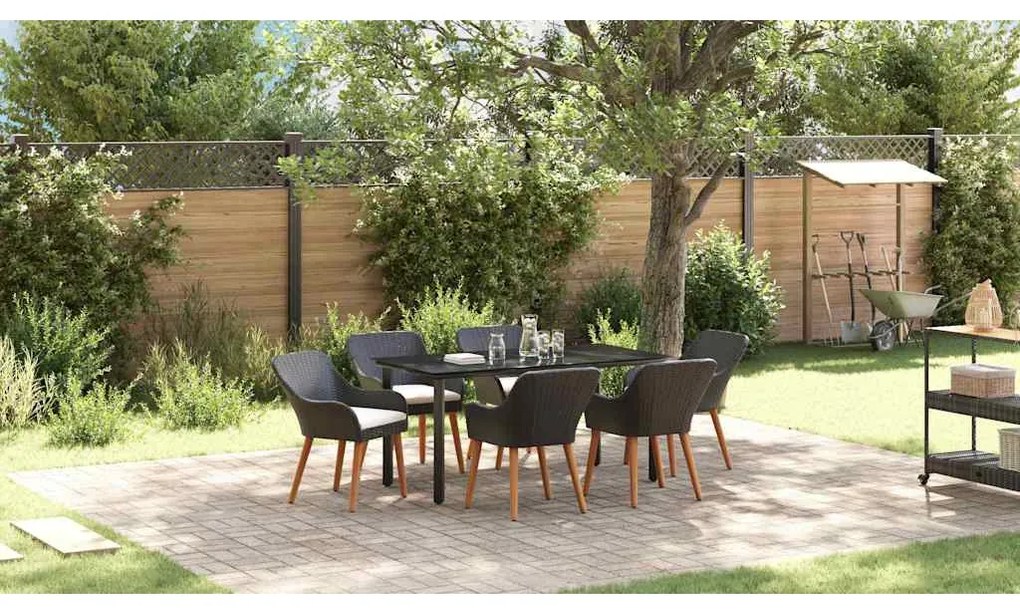 Conjunto de Jantar de Jardim com 7 Peças, Preto, em Rattan