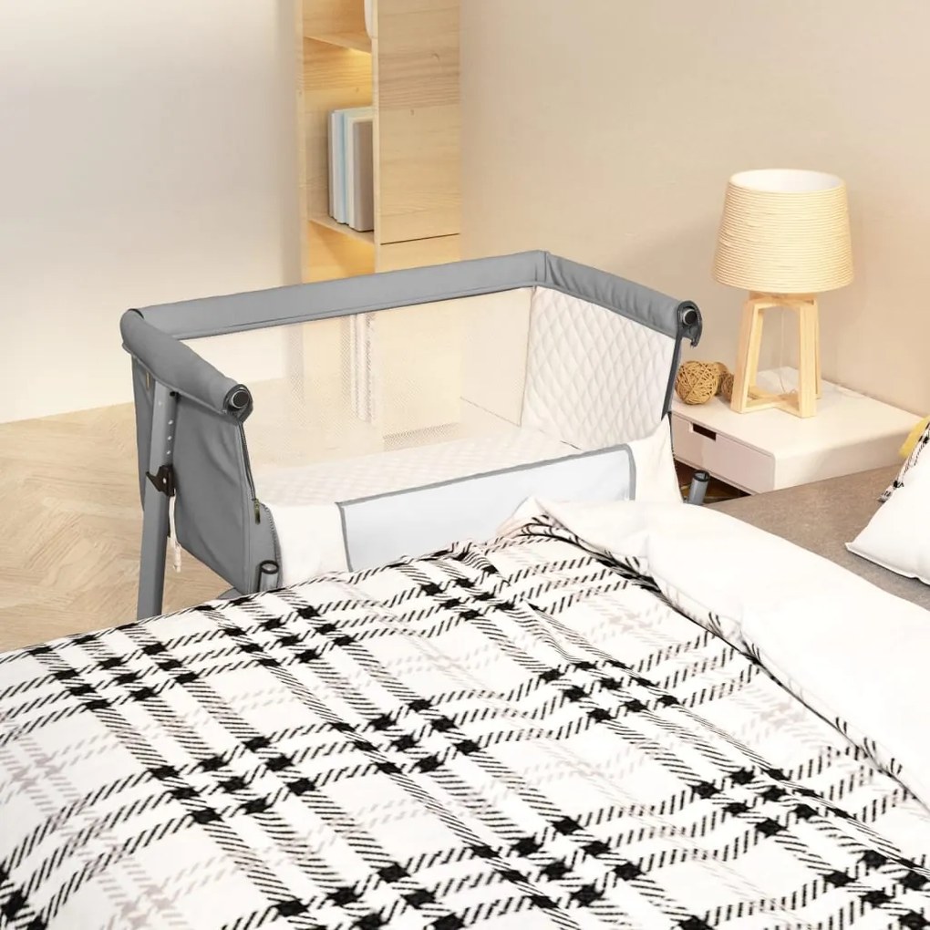 10295 vidaXL Cama de bebé com colchão tecido de linho cinzento-claro