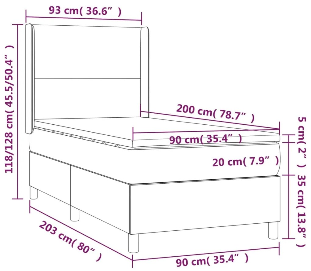 Cama box spring c/ colchão/LED 90x200 cm veludo cinzento-claro