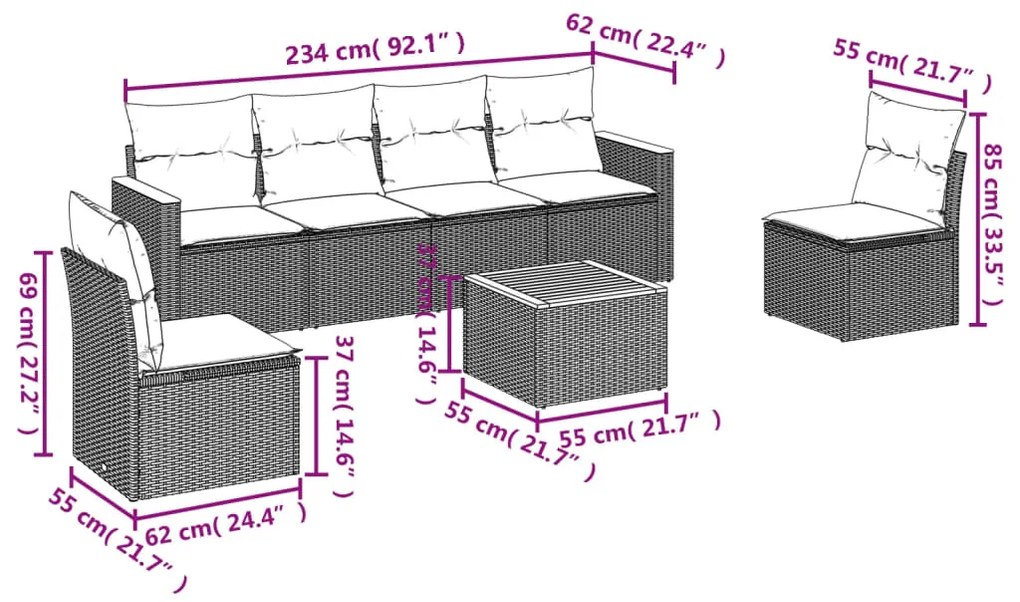 7 pcs conjunto de sofás p/ jardim c/ almofadões vime PE preto