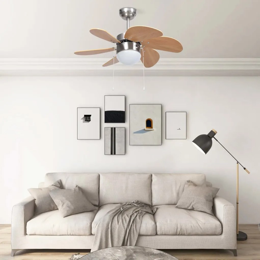 51489 vidaXL Ventoinha de teto com luz 76 cm castanho-claro