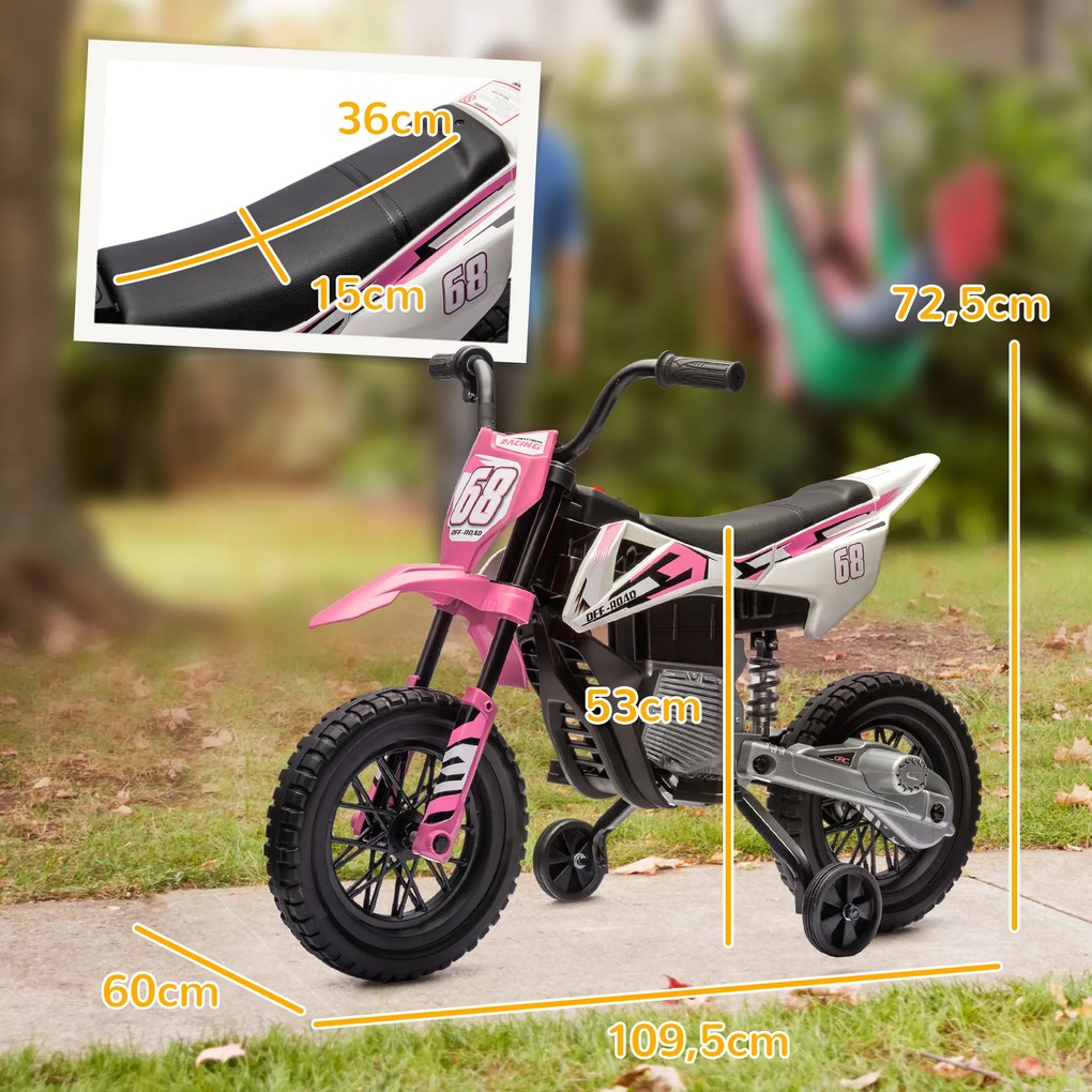 Moto elétrica para crianças, moto de motocross para crianças dos 3 aos 6 anos, 2 motores, 12 V, velocidade de 5 km/h, 109,5 x 60 x 72,5 cm, cor-de-ros
