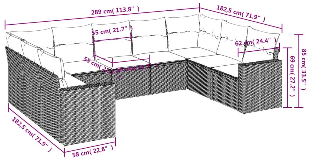 9 pcs conjunto sofás p/ jardim com almofadões vime PE cinzento