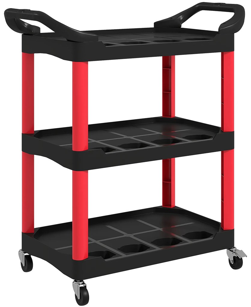 Carro de Oficina  de Ferramentas com 3 Prateleiras Rodas e Pegas para Garagem Oficina Casa 83x43x97 cm Vermelho e Preto