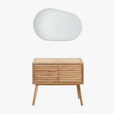 Conjunto De Móveis De Banheiro Em Madeira Deleyna Madeira Natural & Sem Lavatório & Oval Led E Anti-embaciamento 100x80 Cm Meunier & Sem Torneira -