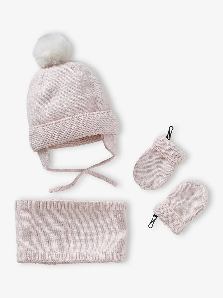 Envio Grátis até domingo | Conjunto gorro + gola snood + luvas de polegar, para bebé menina rosa-pálido