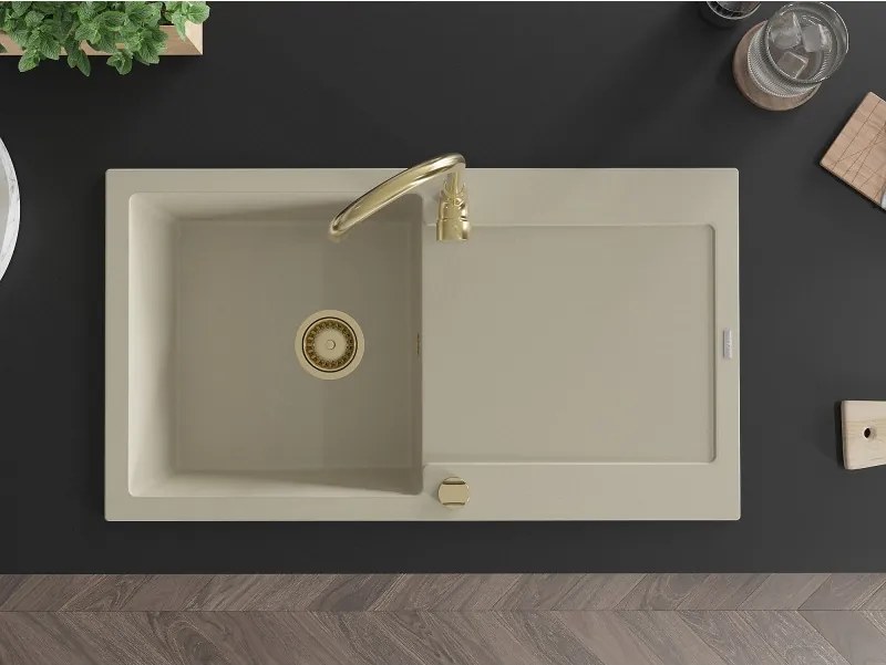 Mexen Leo lava-loiça de granito 1-bacia com escorredor 900 x 500 mm, bege, sifão dourado - 6501901010-69-G