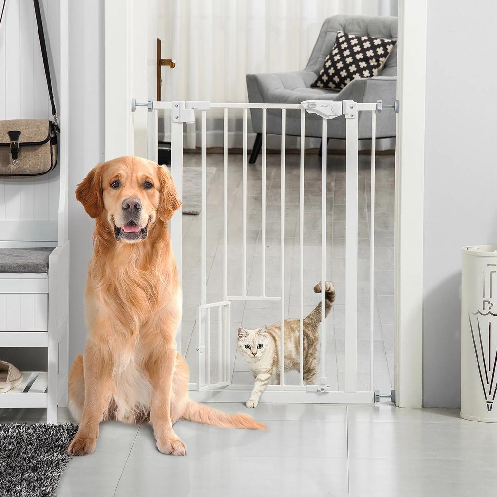 Barreira de Segurança para Cães Animais de Estimação 74-100cm para Escadas Portas e Corredores com Porta para Gatos Fechamento Automático e Sistema de