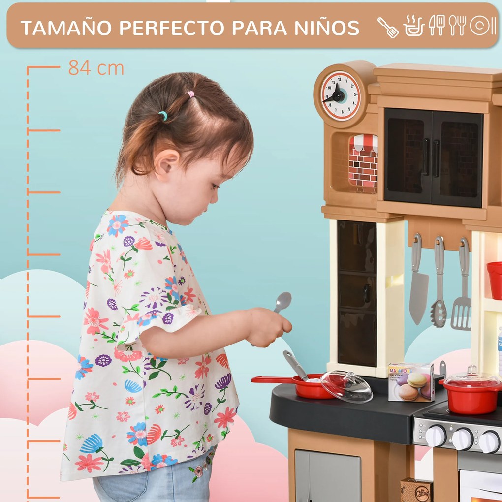 HOMCOM Cozinha Infantil com 58 Peças para Crianças acima de 3 Anos Cozinha de Brincar com Luz Sons Lavatório Torneira com Água e Forno 63x35x84cm Marrom