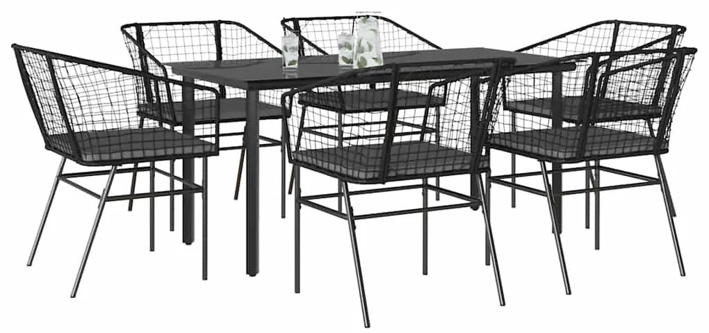 Conjunto de jantar jardim 7 peças almofadas vidro vime PE preto