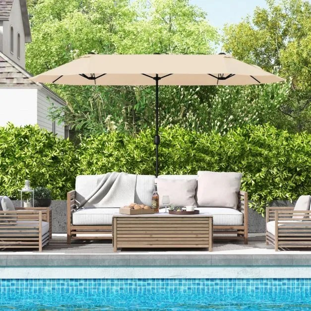 Guarda-sol duplo para jardim com base recarregável, manivela e 12 hastes de alta resistência Bege
