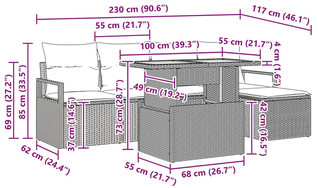 Conjunto de Sofá de Jardim vidaXL 6 Peças com Almofadas Rattan Preto A