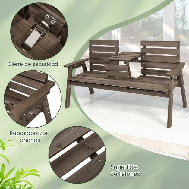 Banco de jardim madeira de abeto para 2-3 pessoas com mesa central rebatível Carga 320 kg 160 x 64 x 86 cm Café