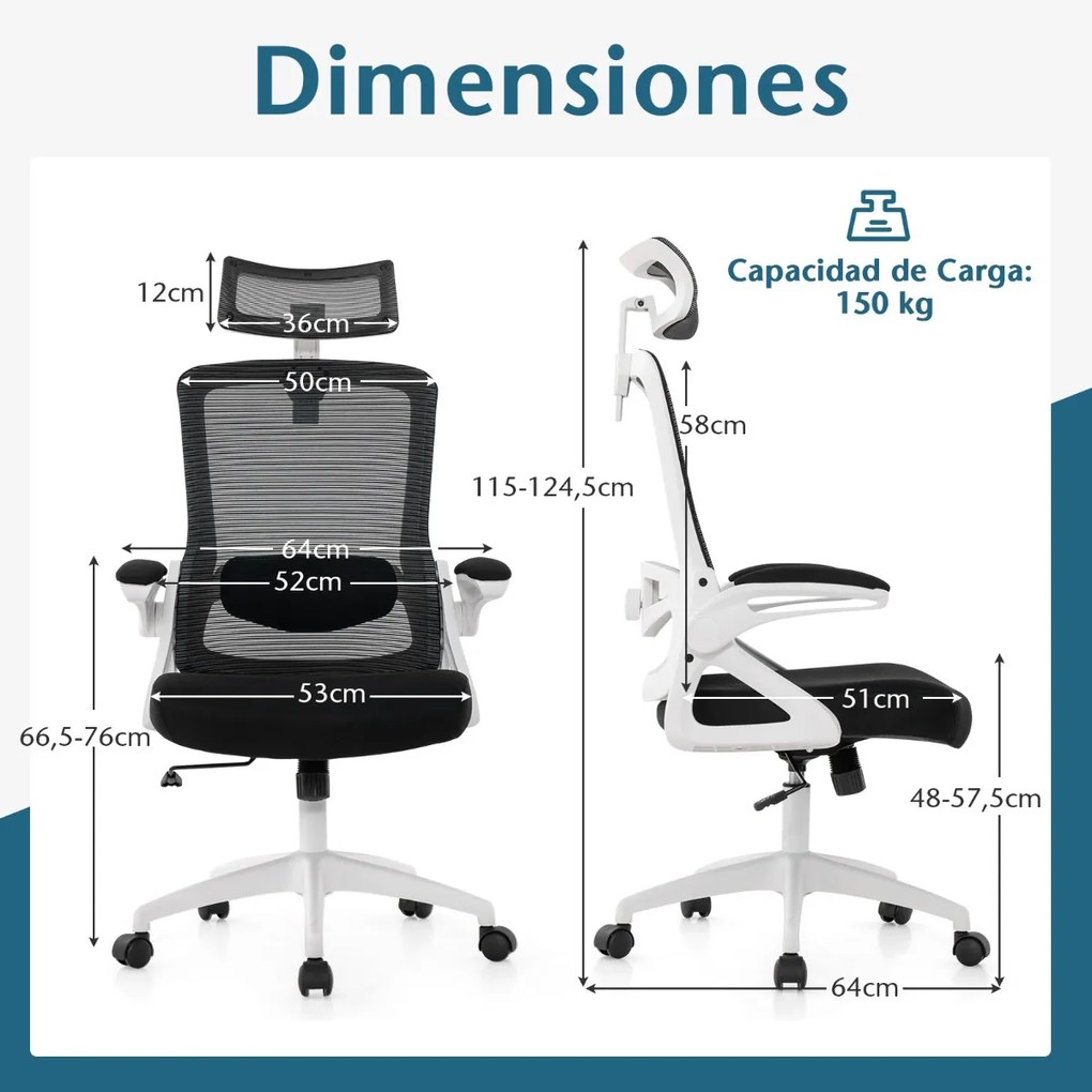 Cadeira ergonómica com apoio lombar ajustável Encosto em balanço Apoio de cabeça ajustávelem malha executiva Branca e preta