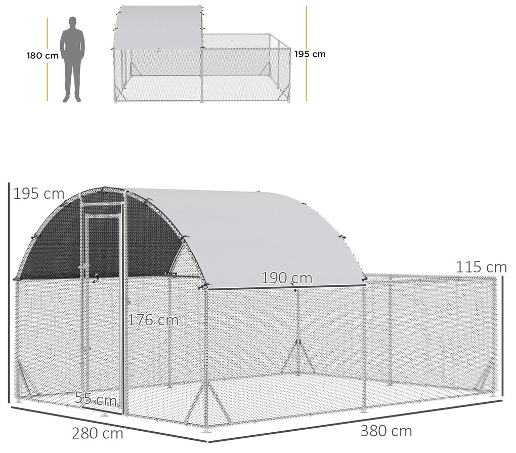 Galinheiro de Exterior Grande 380x280x195cm Gaiola para 10-12 Galinhas de Aço Galvanizado com 2 Ambientes Teto com Cobertura de Tecido e Cerca para Co