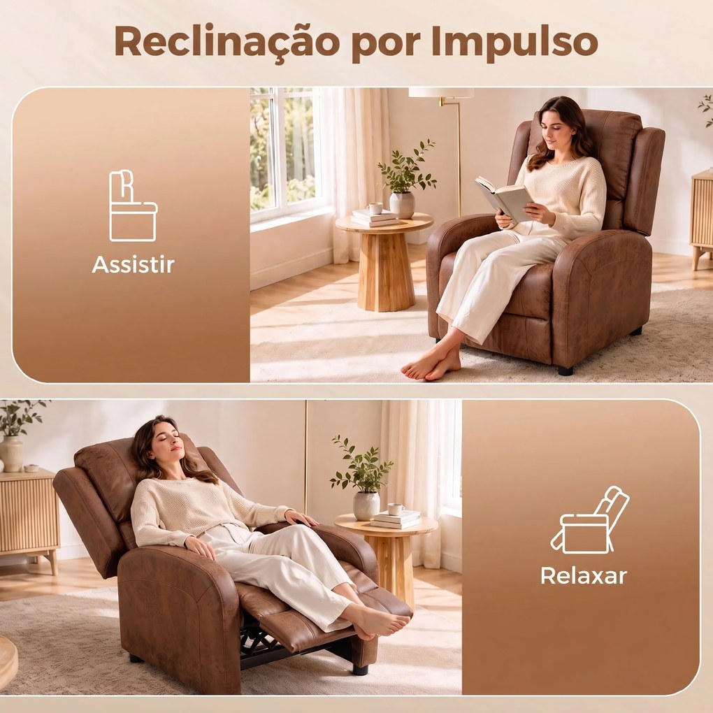 Cadeirão Relax Reclinável Manual em Pele Sintética com Montagem Rápida Apoio para Pés e Acolchoamento Espesso Castanho