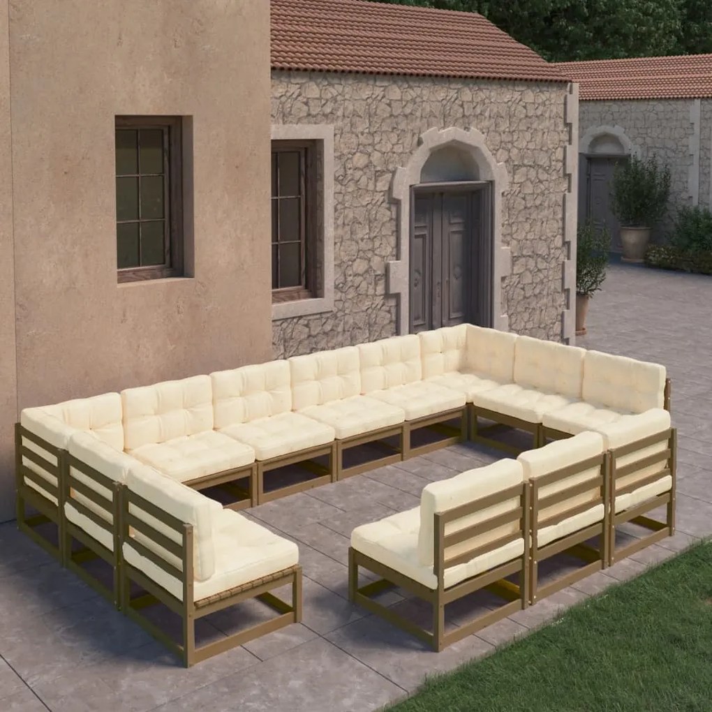 vidaXL 13 pcs conj. lounge jardim almofadões pinho maciço castanho mel